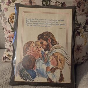 Religious Jesus with Children Framed Art Print - Brown, Blue, Cream